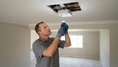 Escondido, CA electrician inspects ceiling box support with a flashlight for ceiling fan installation
