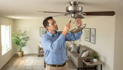 Escondido, CA electrician diagnosing a ceiling fan pull-chain switch with a multimeter and exposed wiring