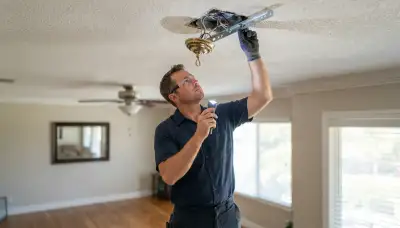 Electrician in Escondido, CA tests ceiling box bracing with a flashlight for chandelier installation