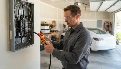 Escondido, CA electrician performs load calculation with clamp meter at panel for EV charger installation