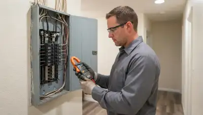 Escondido, CA electrician uses a clamp meter to assess panel capacity for a dedicated electric heater circuit