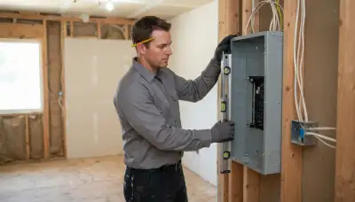Escondido, CA electrician leveling a new electrical panel enclosure between interior studs during rough-in.