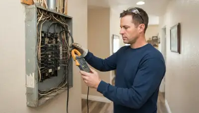 Escondido, CA electrician measures an existing electrical panel load with a clamp meter for an upgrade