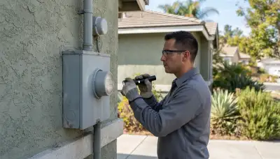Electrician inspects a residential service entrance meter base and weatherhead in Escondido, CA