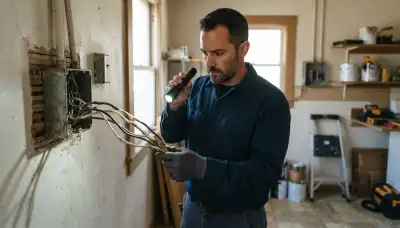 Escondido, CA electrician inspecting aged electrical wiring insulation with a flashlight during a home wiring assessment