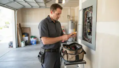 Escondido, CA electrician tests an open home electrical panel to diagnose issues in older wiring.