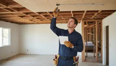 Technician measuring ceiling placement for whole-home fire alarm installation in an Escondido, CA residence