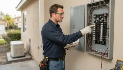 Electrician tracing essential circuits in an open panel during a generator assessment in Escondido, CA
