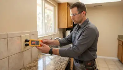 Escondido, CA electrician uses an outlet tester to assess GFCI protection near kitchen and bathroom water sources