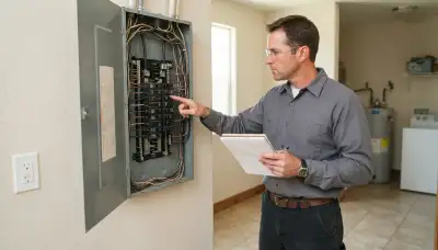 Electrician assesses GFCI circuits in an open electrical panel at an Escondido, CA home