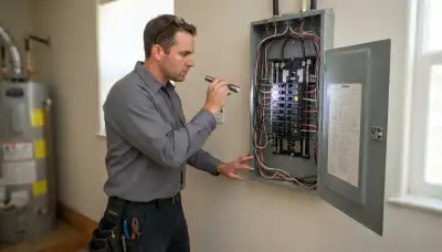 Electrician inspecting home electrical panel and breakers for safety in Escondido, CA