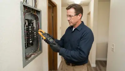 Electrician using a clamp meter at a home's main panel during an energy audit in Escondido, CA