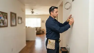 Electrician marking intercom station locations and cable routes inside an Escondido, CA home