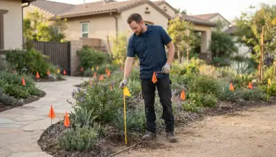 Electrician stakes landscape lighting fixture locations in a residential yard in Escondido, CA