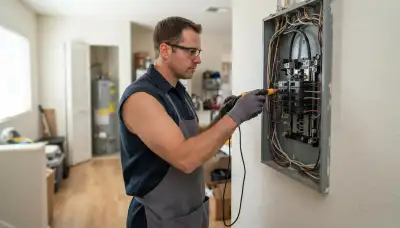 Licensed electrician testing an open electrical panel during a whole-home assessment in Escondido, CA