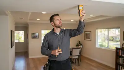Escondido, CA electrician marks ceiling fixture locations with a stud finder for lighting installation