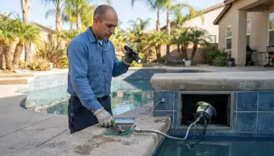 Electrician inspects pool light niche and bonding connection at an Escondido, CA home