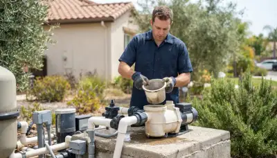 Electrician inspects pool pump strainer basket and shaft seal in Escondido, CA