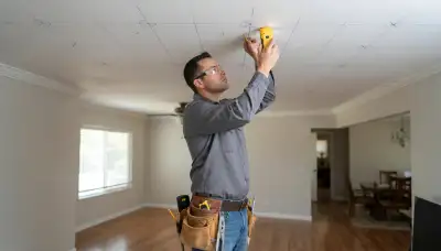 Electrician maps recessed light positions with a stud finder in an Escondido, CA home