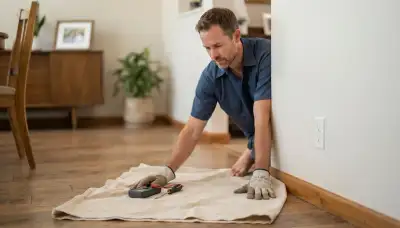 Residential electrician in Escondido, CA protects floors during a home electrical assessment near an outlet