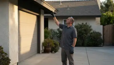 Electrician assessing security light placement over a garage driveway in Escondido, CA