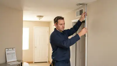 Electrician assessing smoke detector placement on a hallway ceiling in an Escondido, CA home