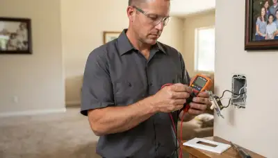 Electrician in Escondido, CA tests a pulled switch with a multimeter to diagnose flickering or warm wiring.