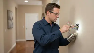 Electrician inspecting thermostat control wires at a wall plate in Escondido, CA
