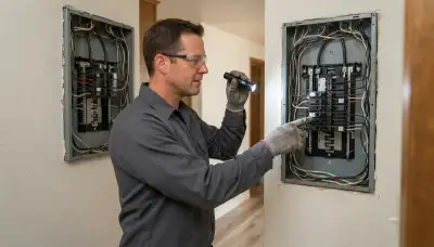 Electrician assesses an open electrical panel for whole-home surge protection in Escondido, CA