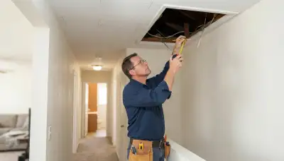 Electrician assessing hallway ceiling joist spacing for whole-house fan installation in Escondido, CA