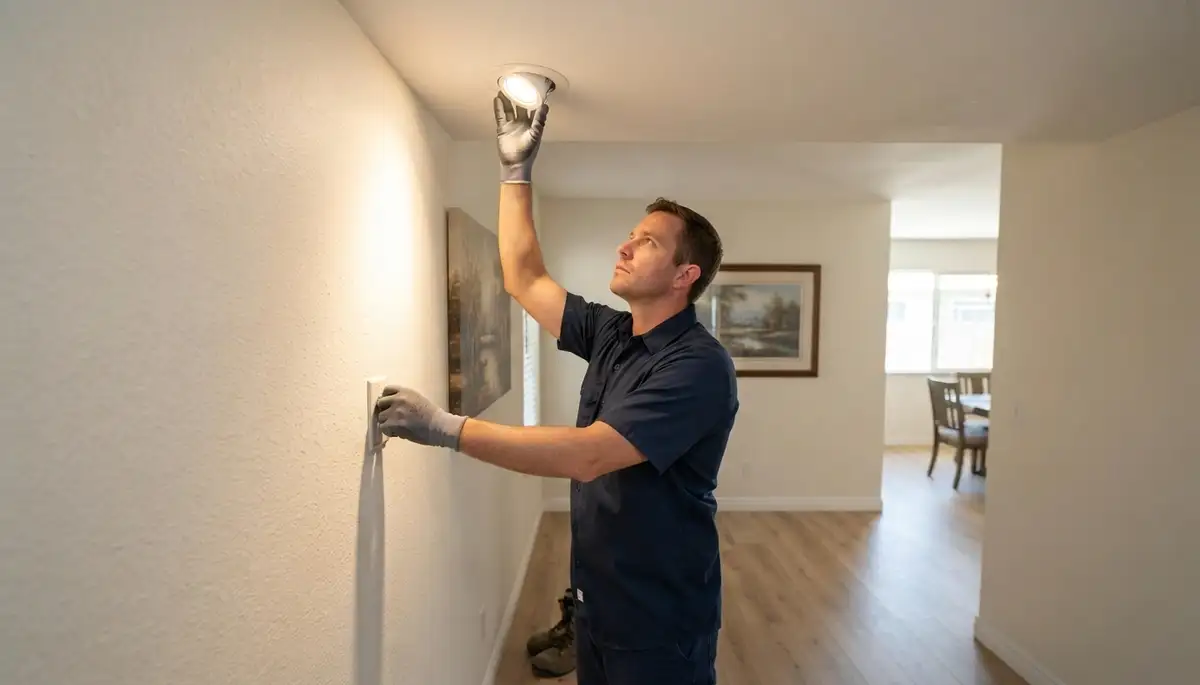 Electrician in Escondido, CA aims a new light fixture and tests switch and dimmer function