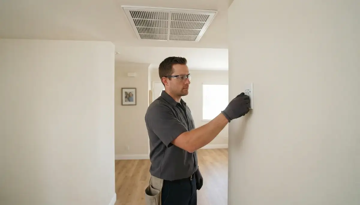 Homeowner adjusts whole-house fan speed control beneath a closed ceiling grille in Escondido, CA