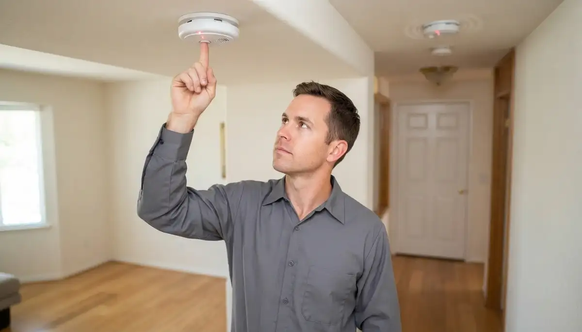 Electrician tests an interconnected ceiling smoke detector system in an Escondido, CA home.