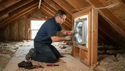 Electrician mounts an attic fan and secures wiring in an Escondido, CA home