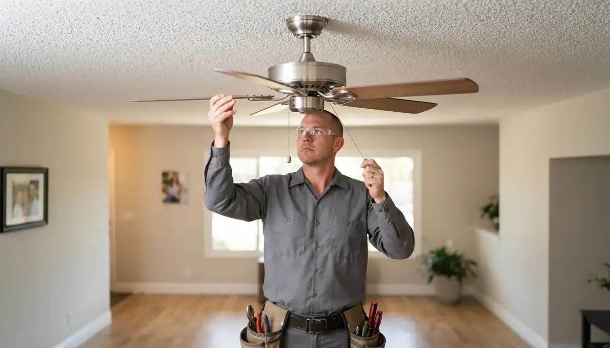 Electrician checks ceiling fan blade balance and secure mounting in an Escondido, CA home