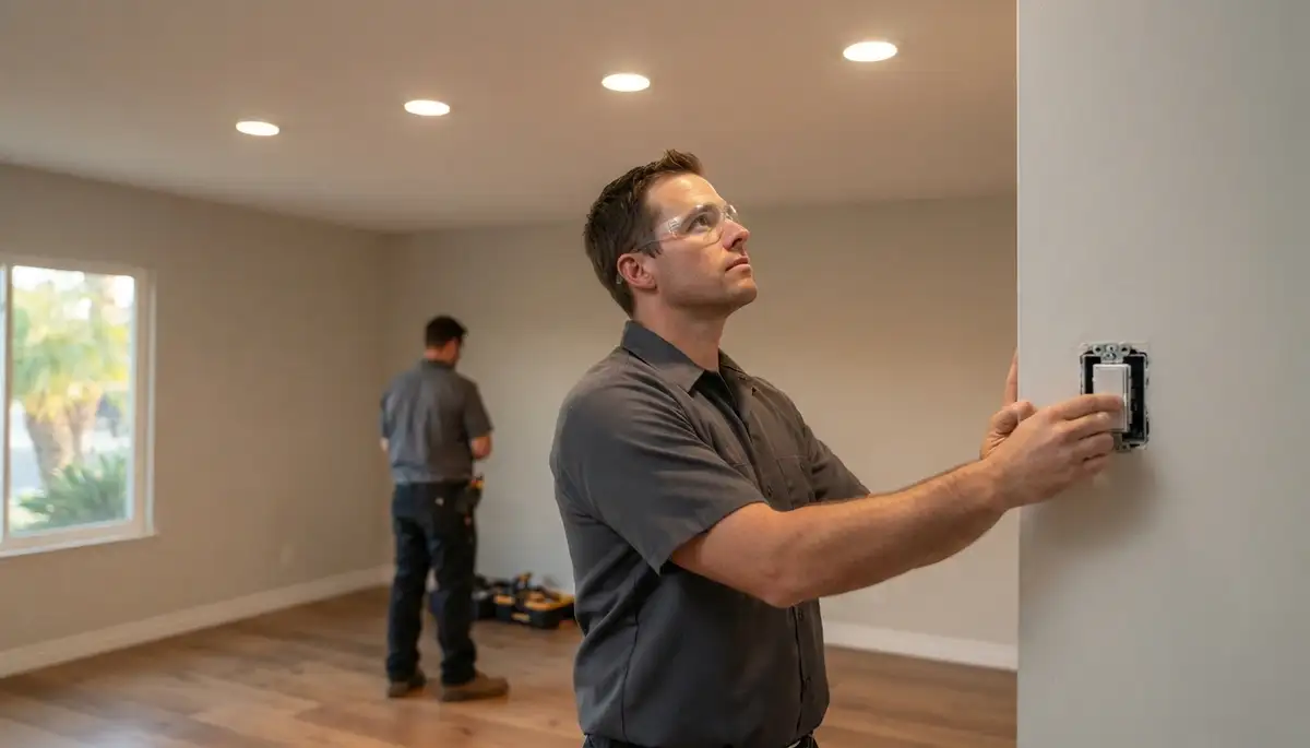 Electrician tests recessed lighting beams and dimmer in an Escondido, CA home