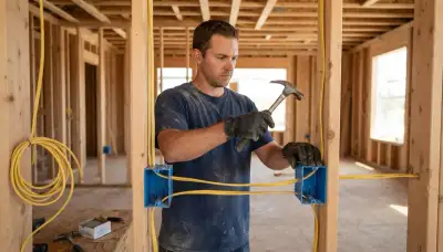 Electrician installing electrical boxes and organized cable runs for new construction wiring in Escondido, CA
