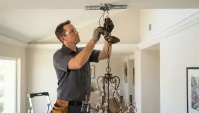 Electrician installing and wiring a chandelier with a rated ceiling brace in an Escondido, CA home