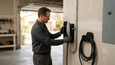 Electrician installing a wall-mounted EV charger with dedicated conduit in an Escondido, CA garage