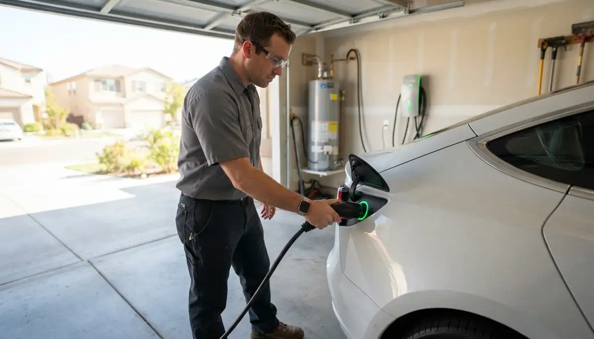 Electrician tests an EV charger during installation in Escondido, CA
