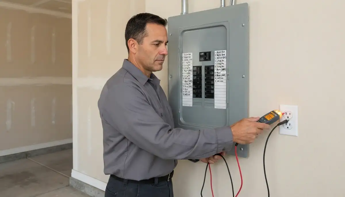 Electrician verifies labeled circuits with a voltage tester at an upgraded electrical panel in Escondido, CA