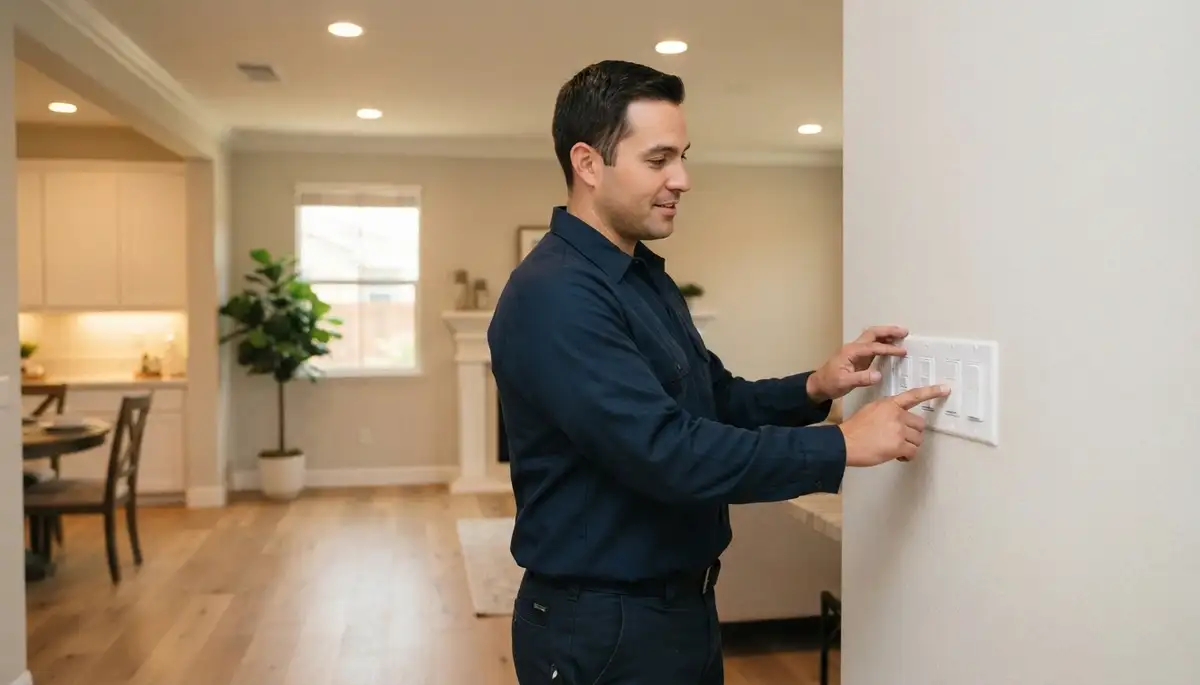 Escondido, CA electrician demonstrates completed lighting controls and dimmer switches to homeowner