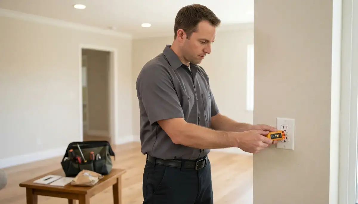 Escondido, CA electrician tests a completed electrical outlet with a circuit tester after repair