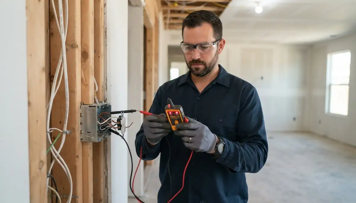 Electrician tests new wiring for continuity and polarity in an Escondido, CA home