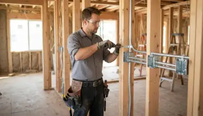 Electrician securing conduit to wall studs with aligned device boxes in an Escondido, CA home