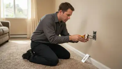 Electrician uses circuit tester to inspect wall outlet and junction box for safe wiring in Escondido, CA