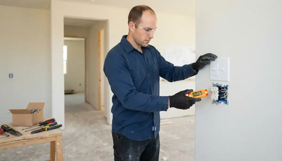 Electrician installing and testing outlets and switches for new construction wiring in Escondido, CA