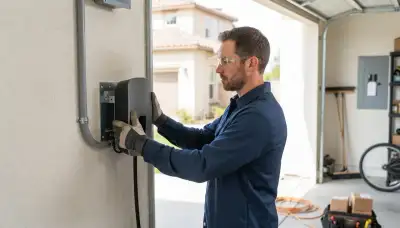 Electrician installs a wall-mounted EV charger with a 240-volt circuit in a Poway, CA garage