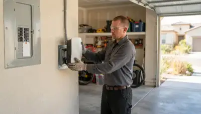 Electrician installing a home EV charger on a garage wall in Valley Center, CA
