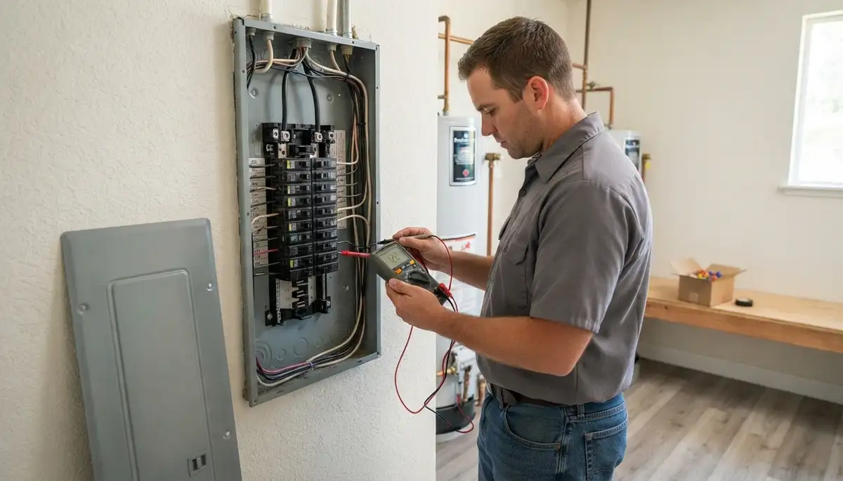 Electrician in Escondido, CA tests panel circuits with a multimeter after electrical panel installation